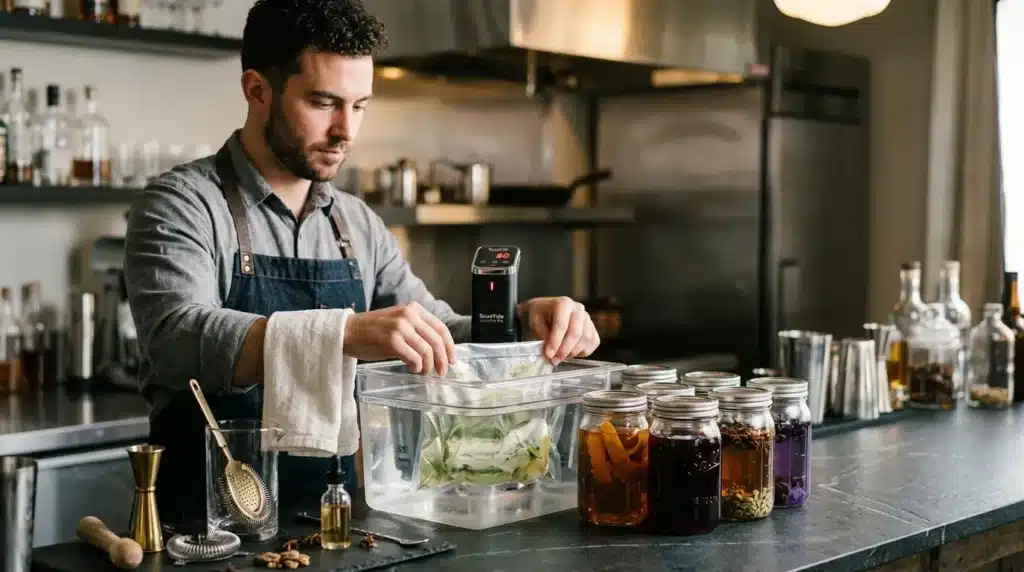 Bartender en apron prépare cocktails avec ingredients variés