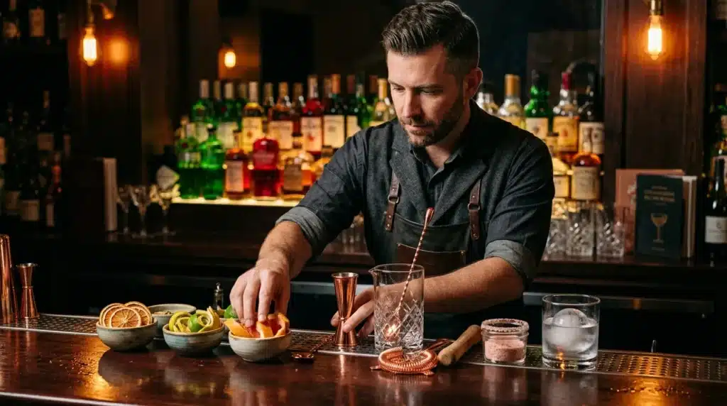 Bartender en apron prépare un cocktail derrière le comptoir