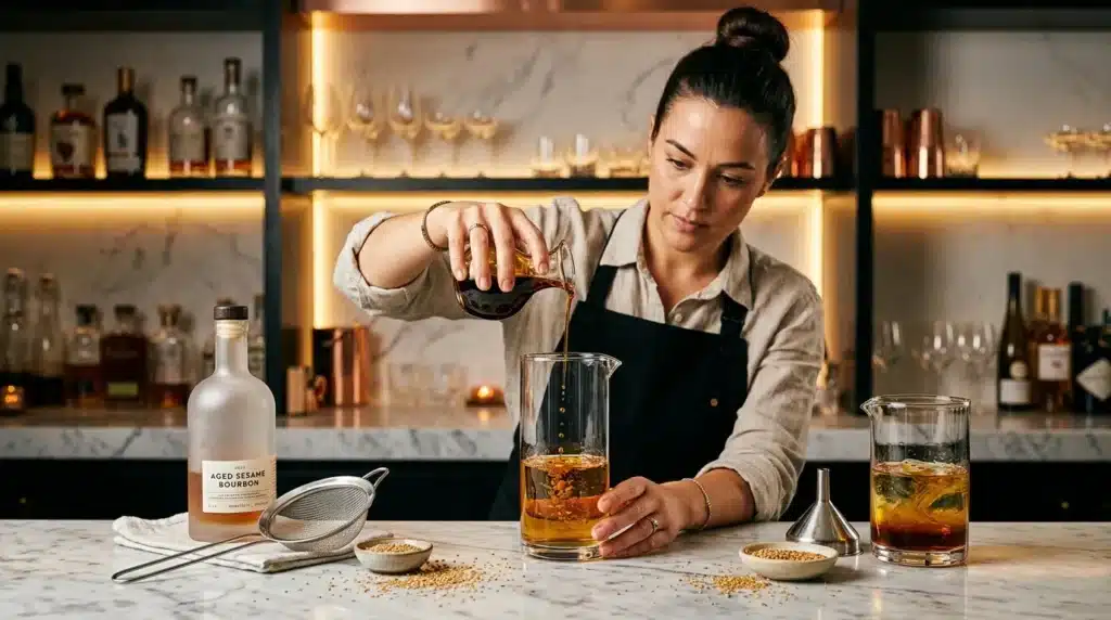 Femme barman versant du bourbon dans un verre au bar