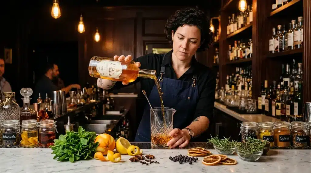 Barman versant du whisky dans un verre avec glaçons et ingrédients
