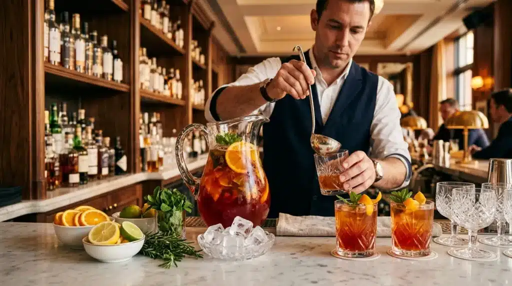 Barman versant un cocktail rouge aux glaçons et agrumes