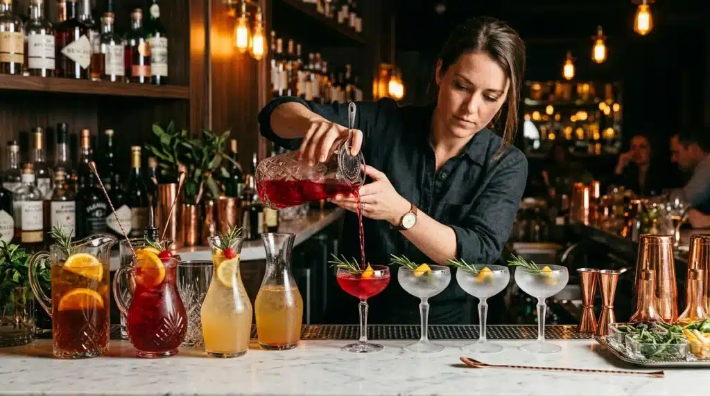 Barman versant un cocktail rouge dans un verre au bar
