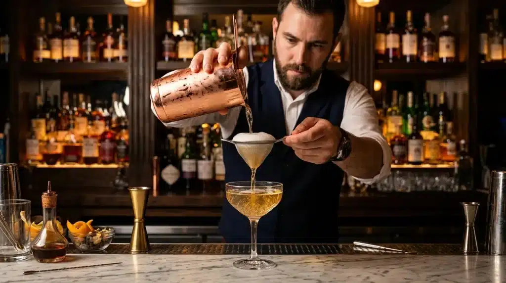Bartender professionnel versant un cocktail dans un verre en cristal