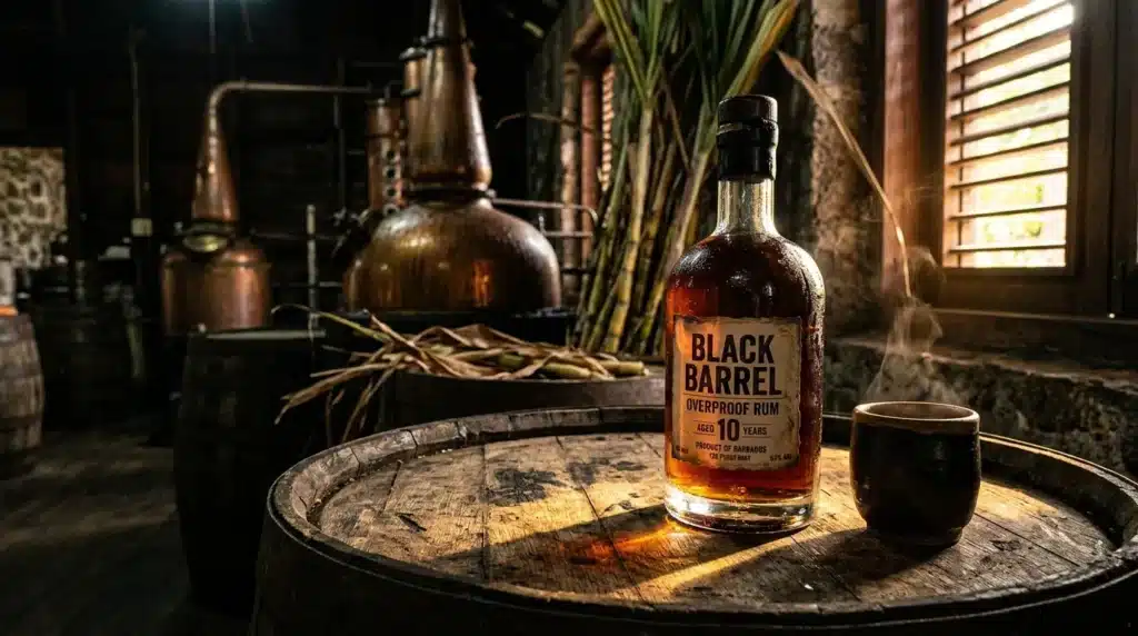 Bouteille de rhum brun dans distillerie traditionnelle avec alambics