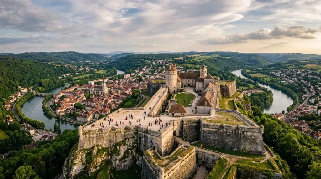 Forteresse médiévale surplombant une vallée fluviale boisée