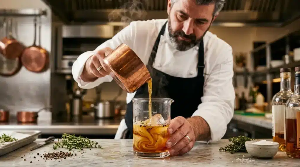 Chef versant liquide ambre dans verre avec glaçons