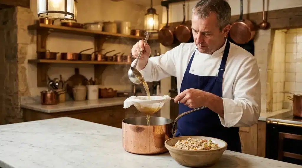 Chef versant un bouillon doré dans une casserole en cuivre.
