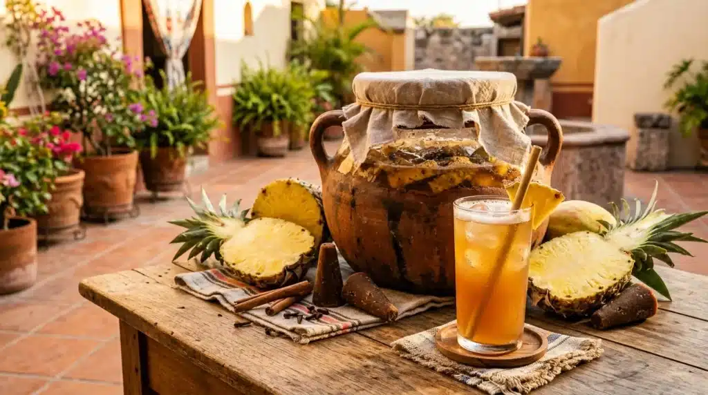 Verre de chicha avec fruits et pot traditionnel en terrasse