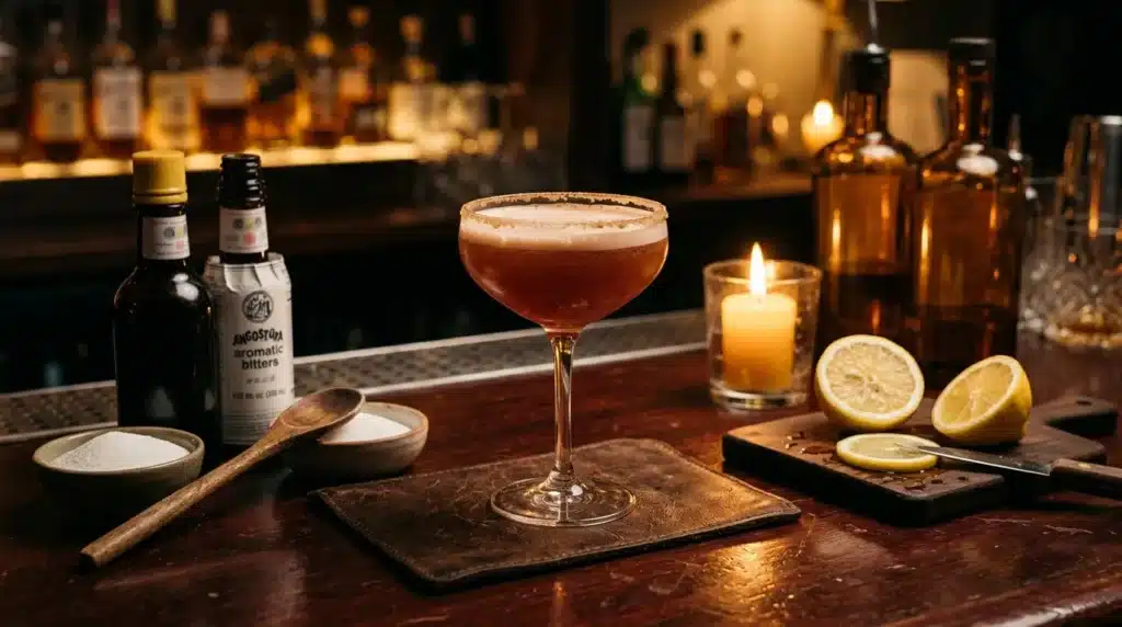 Verre de cocktail brun avec glaçage, citron et bouteilles de spiritueux