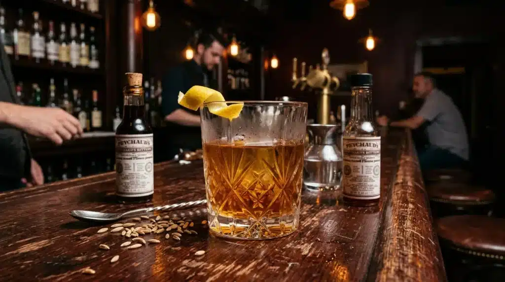 Verre de cocktail ambré avec glaçons et zeste citron au bar
