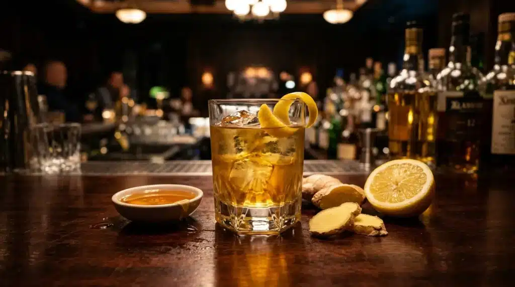 Verre de whisky avec glaçons, citron et gingembre au bar