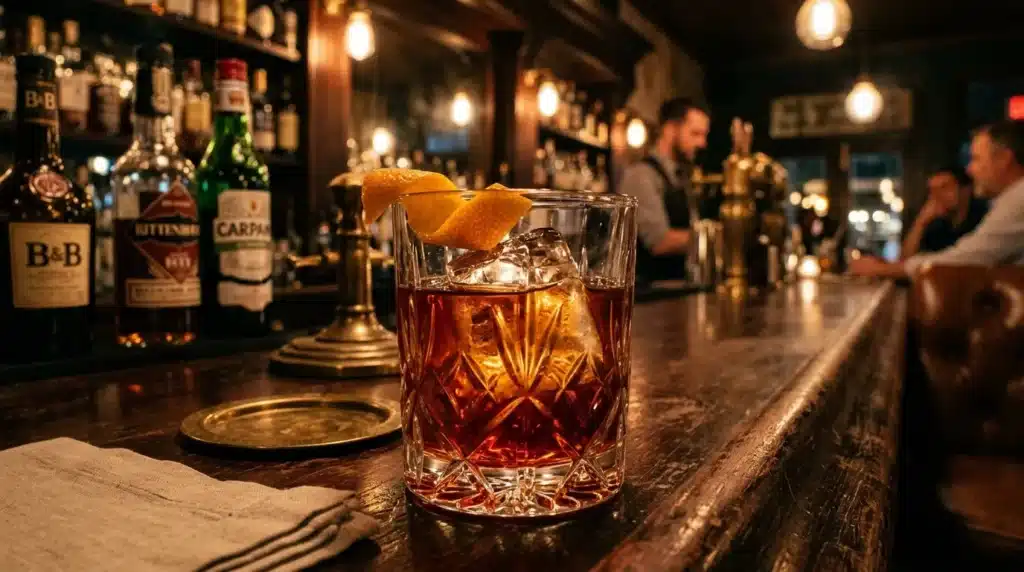 Verre de cocktail ambré avec glaçons et écorce d'orange au bar