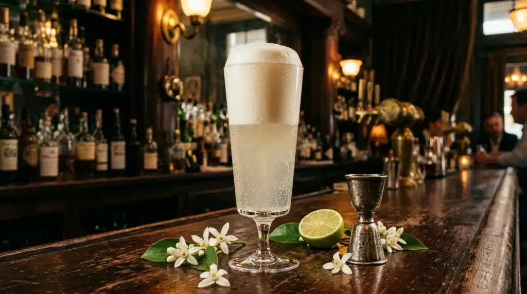 Verre de cocktail avec glaçons, citron vert et fleurs blanches au bar.