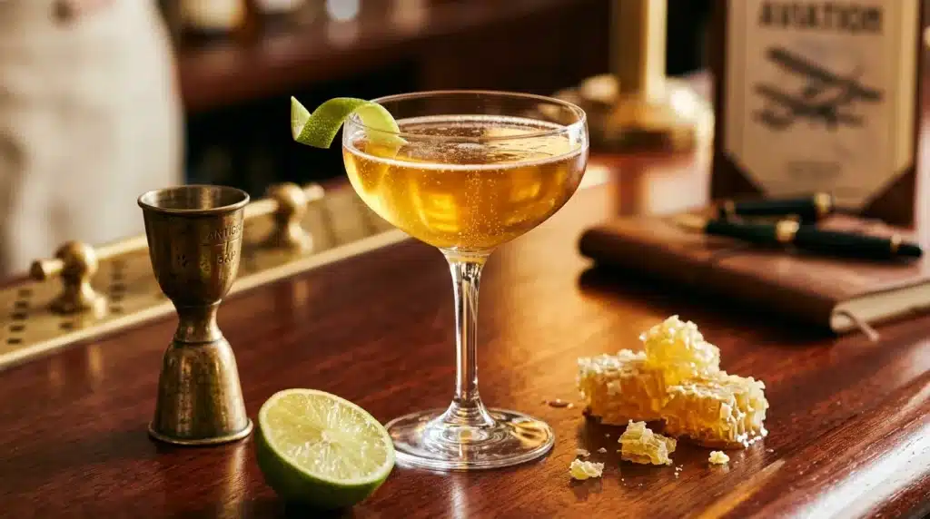 Verre de cocktail doré avec glaçons et tranche de citron vert