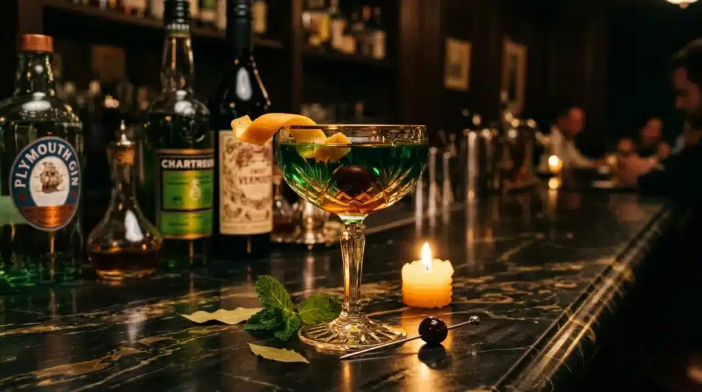 Verre de cocktail ambré au bar avec bouteilles et chandelle
