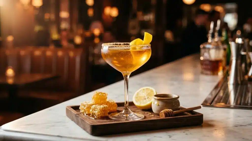 Verre de cocktail doré avec glaçon et tranche citron au bar