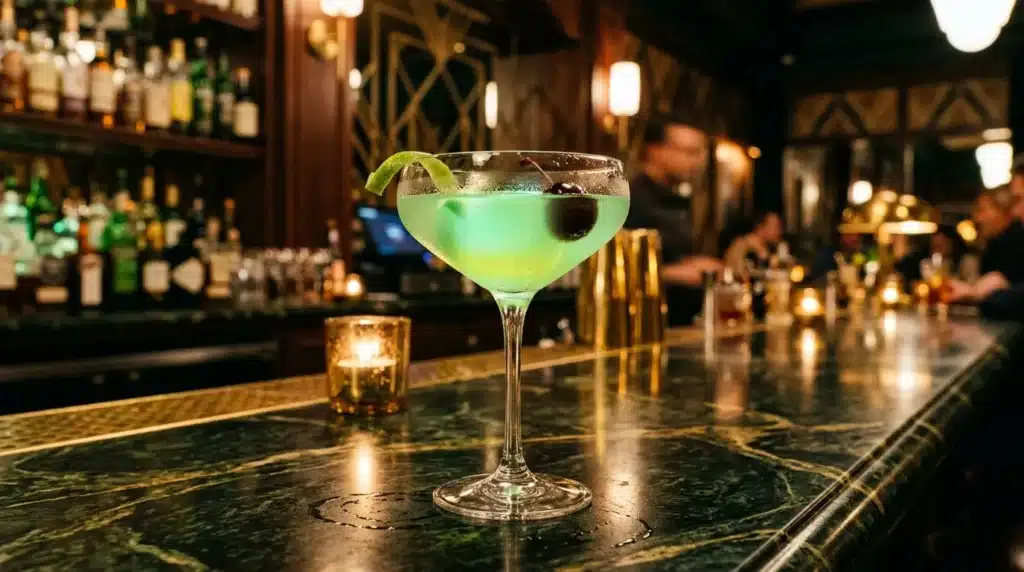 Verre de cocktail vert avec glaçon et zeste au comptoir bar