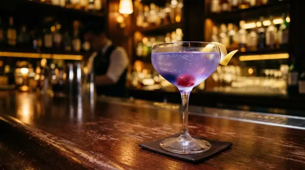Verre de cocktail violet avec glaçons au comptoir d'un bar