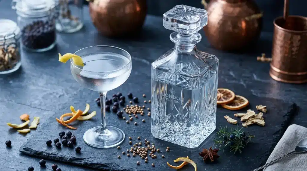 Bouteille de gin cristal avec cocktail et botaniques