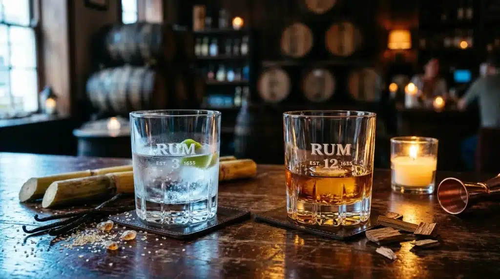 Deux verres de rhum dans une distillerie avec tonneaux en arrière-plan