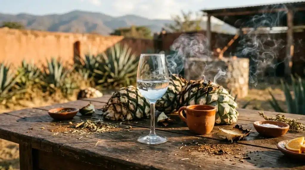 Verre d'eau et tequila sur table bois, agave paysage montagneux