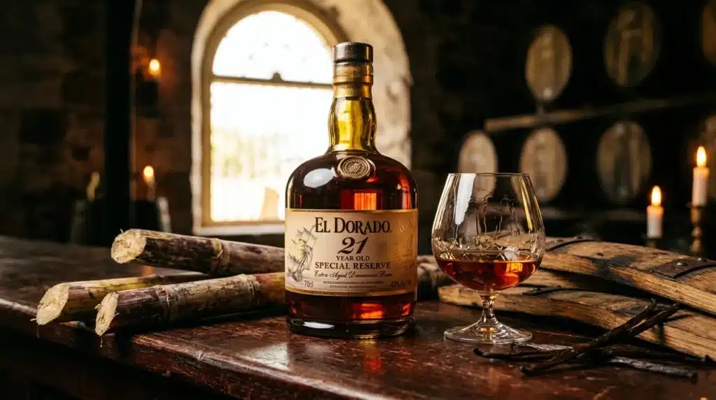 Bouteille El Dorado 21 ans avec verre dans une distillerie