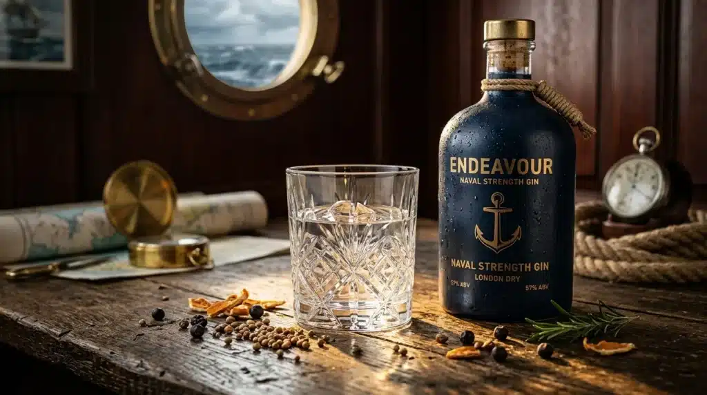 Bouteille de gin naval avec verre et accessoires maritimes.