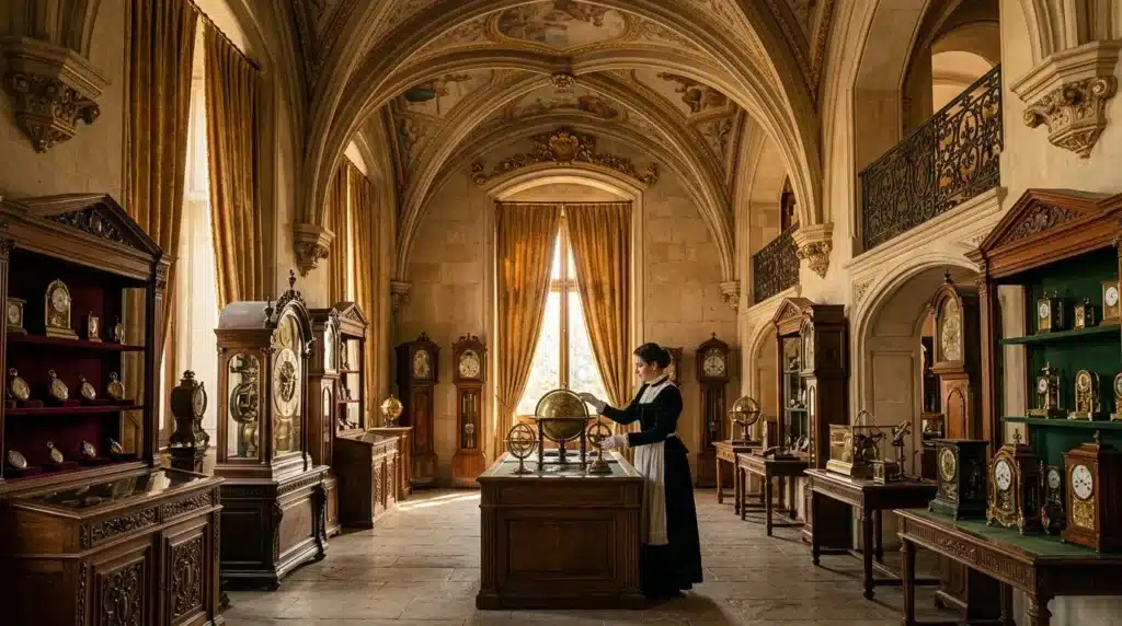 Femme dans galerie musée avec voûtes gothiques et vitrines d'antiquités