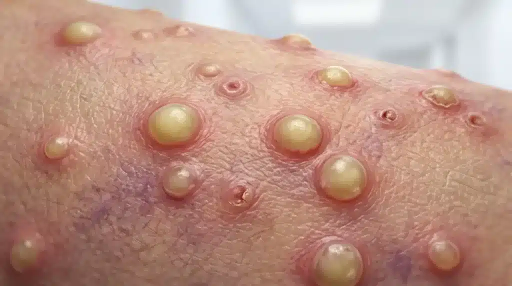 Peau enflammée avec pustules jaunes remplies de pus