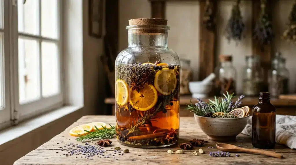 Bocal en verre contenant infusion avec tranches citron, épices et herbes