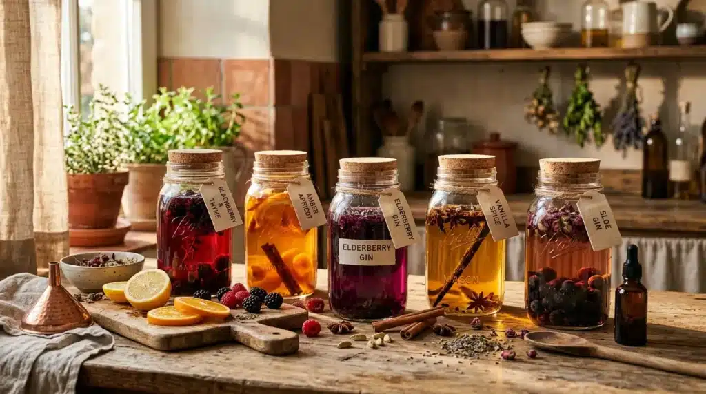 Cinq bocaux de liqueurs colorées avec fruits et épices