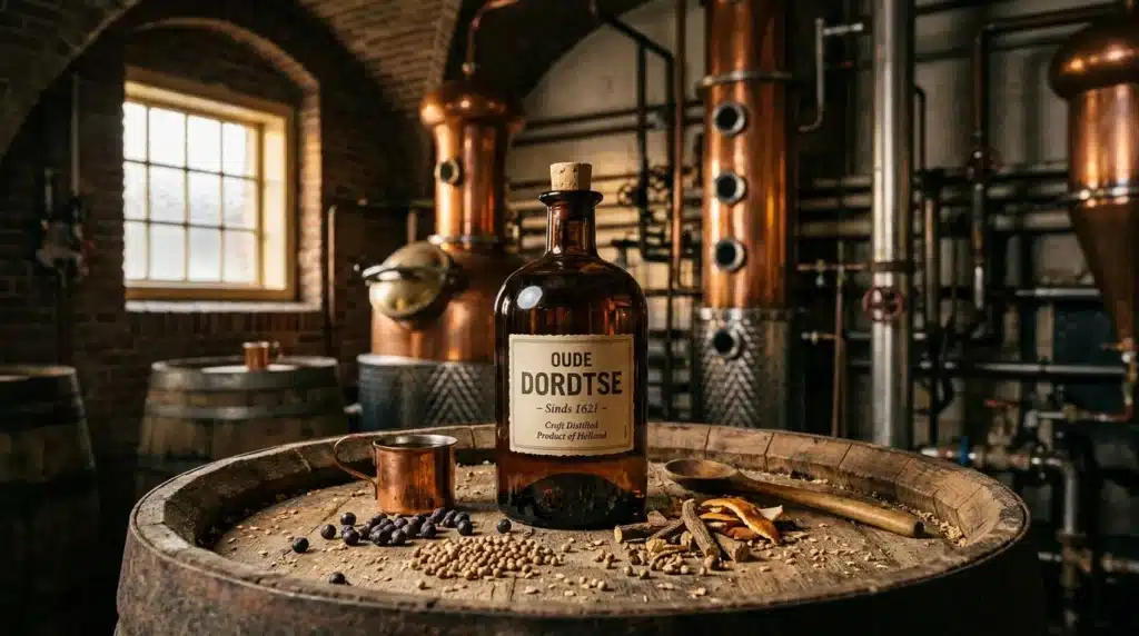 Bouteille Oude Dordtse posée sur tonneau en distillerie
