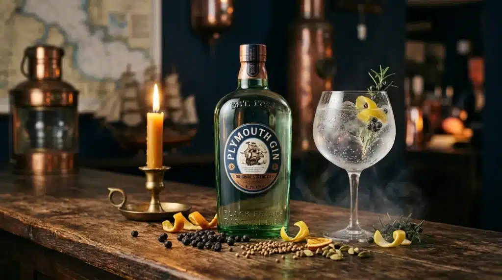 Bouteille Plymouth Gin avec verre et garnitudes botaniques