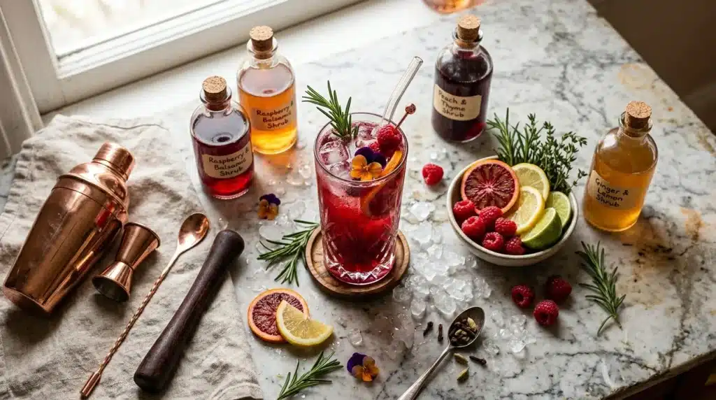 Cocktail rouge avec glaçons, sirops, fruits et herbes aromatiques sur marbre