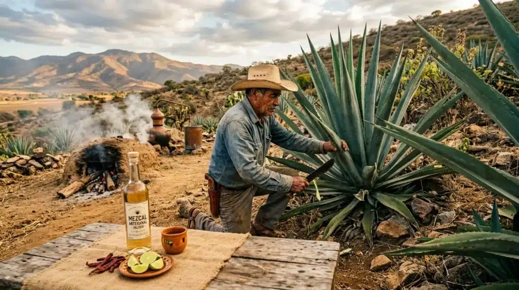 Homme récolte agave pour mezcal traditionnel dans paysage mexicain