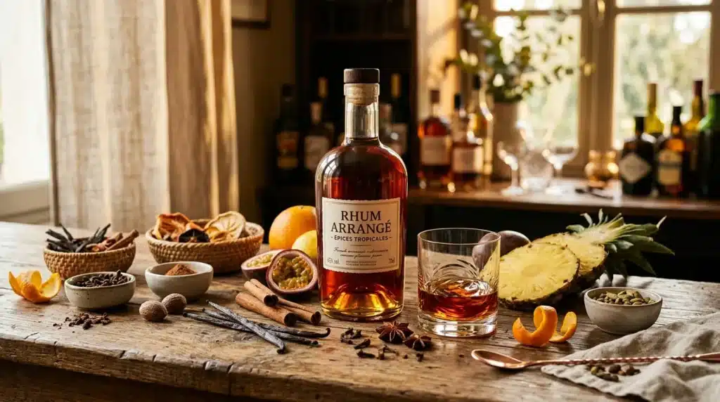 Bouteille de rhum arrangé entourée d'épices et fruits tropicaux