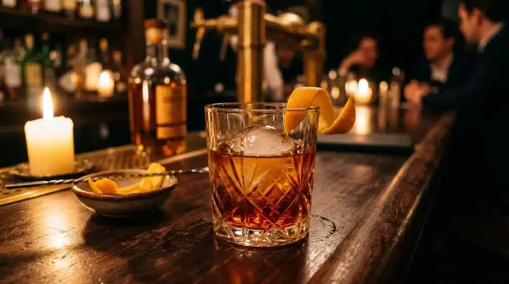 Verre de whisky sur le comptoir d'un bar avec bougies