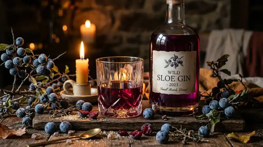 Bouteille de gin aux myrtilles avec verre et bougies allumées
